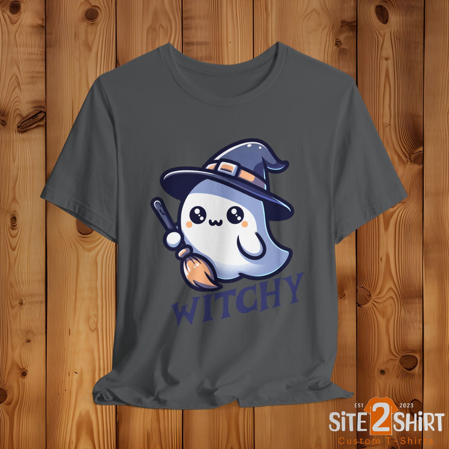 Witchy Cute Halloween Ghost T Shirt, Witchy Ghost with Broom Stick Tee, Halloween Apparel, Halloween Trick or Treat Party Shirt