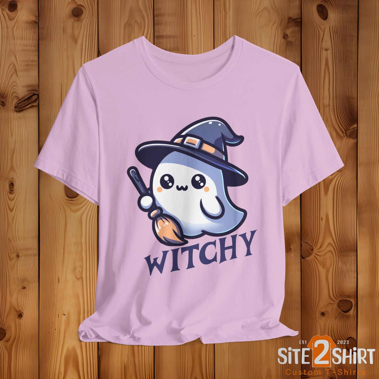 Witchy Cute Halloween Ghost T Shirt, Witchy Ghost with Broom Stick Tee, Halloween Apparel, Halloween Trick or Treat Party Shirt