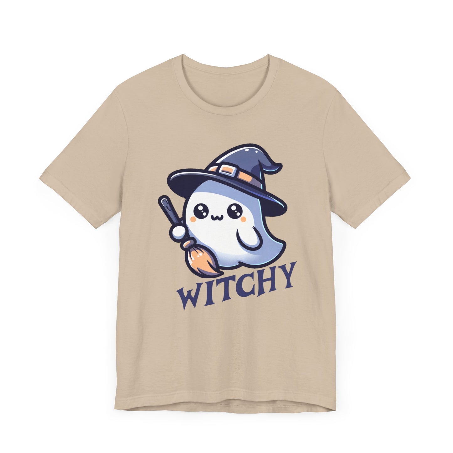 Witchy Cute Halloween Ghost T Shirt, Witchy Ghost with Broom Stick Tee, Halloween Apparel, Halloween Trick or Treat Party Shirt