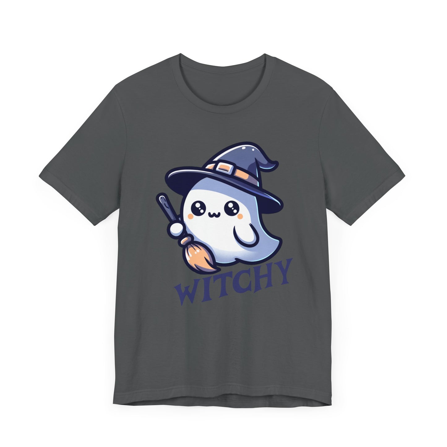 Witchy Cute Halloween Ghost T Shirt, Witchy Ghost with Broom Stick Tee, Halloween Apparel, Halloween Trick or Treat Party Shirt