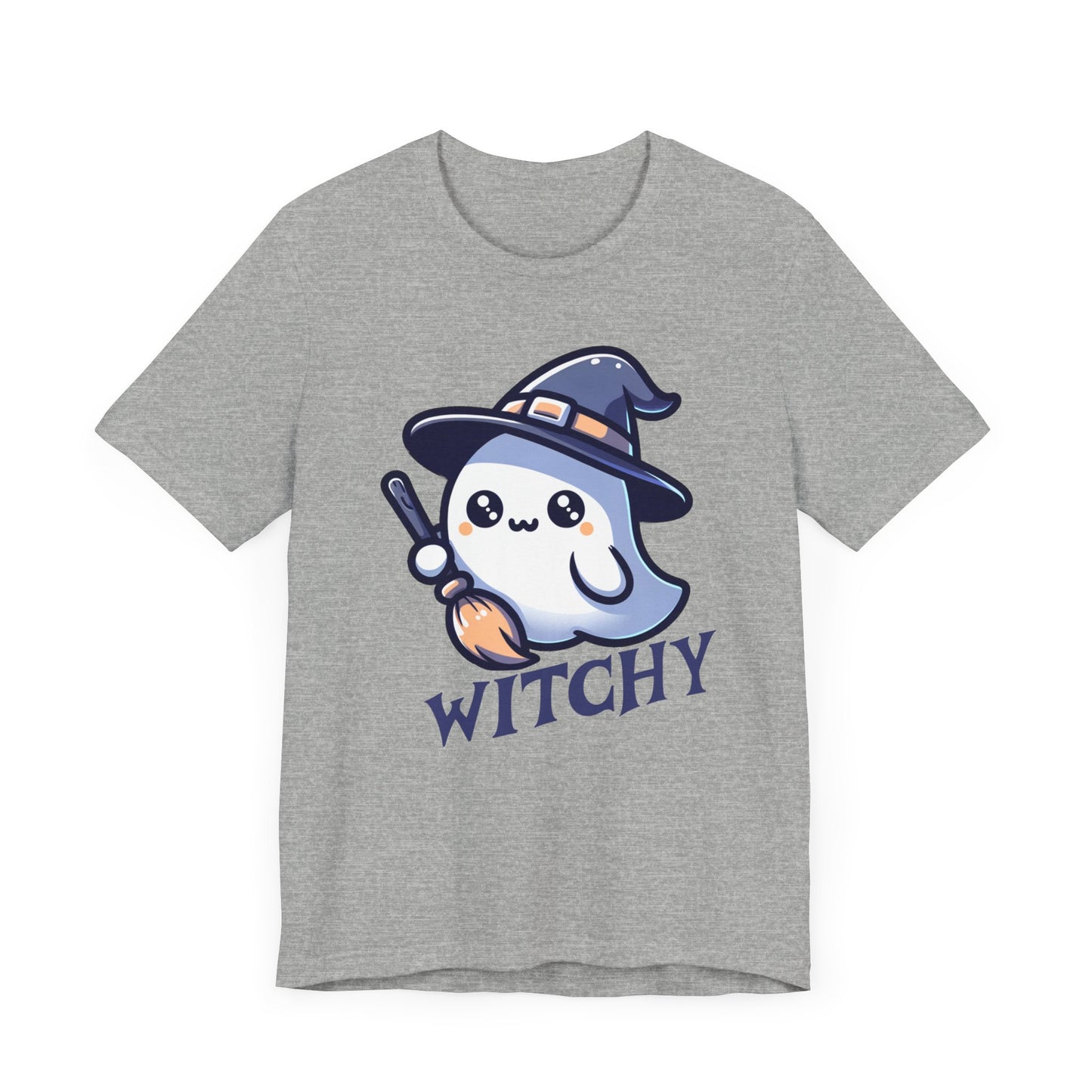 Witchy Cute Halloween Ghost T Shirt, Witchy Ghost with Broom Stick Tee, Halloween Apparel, Halloween Trick or Treat Party Shirt