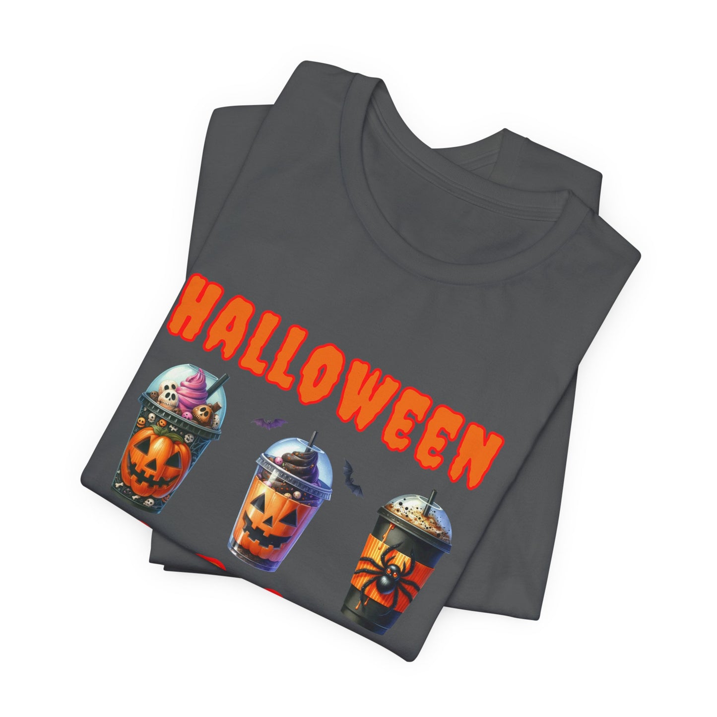 Spooky Season Sips Trio T-Shirt - 3 Halloween-Themed Coffee Cups for the Perfect Fall Vibe, Halloween Coffee Cups T Shirt, Pumpkins, Spiders, Bats