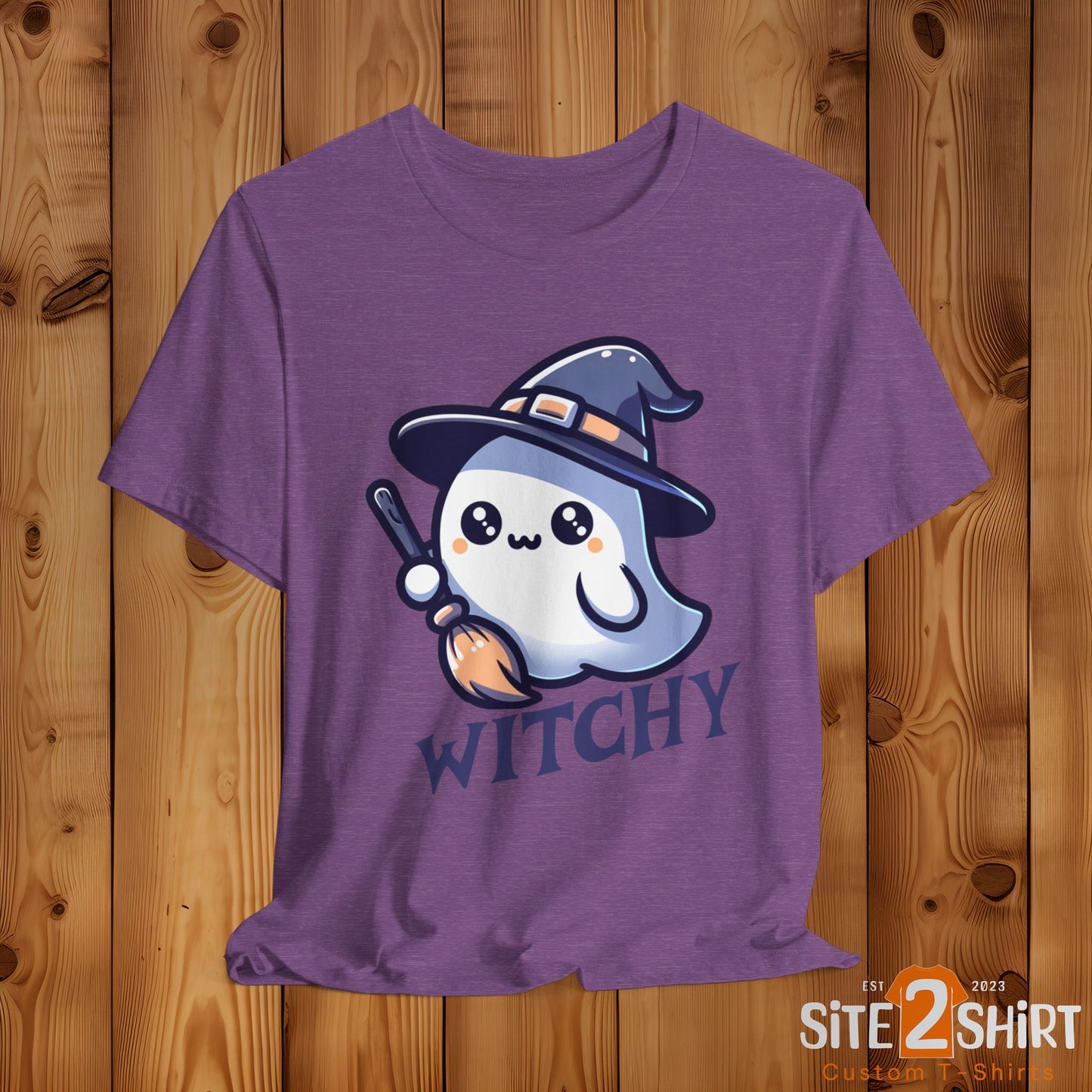 Witchy Cute Halloween Ghost T Shirt, Witchy Ghost with Broom Stick Tee, Halloween Apparel, Halloween Trick or Treat Party Shirt