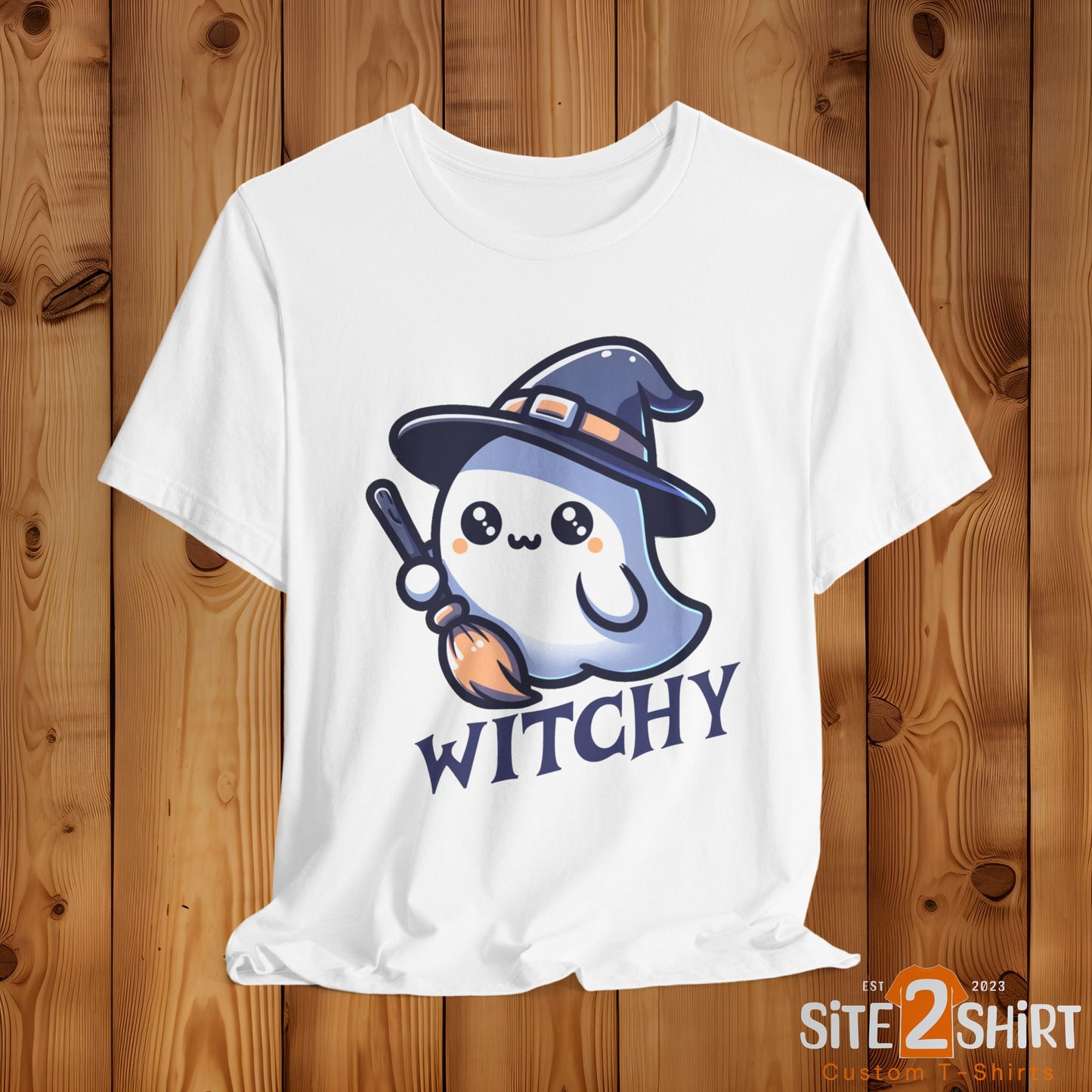 Witchy Cute Halloween Ghost T Shirt, Witchy Ghost with Broom Stick Tee, Halloween Apparel, Halloween Trick or Treat Party Shirt