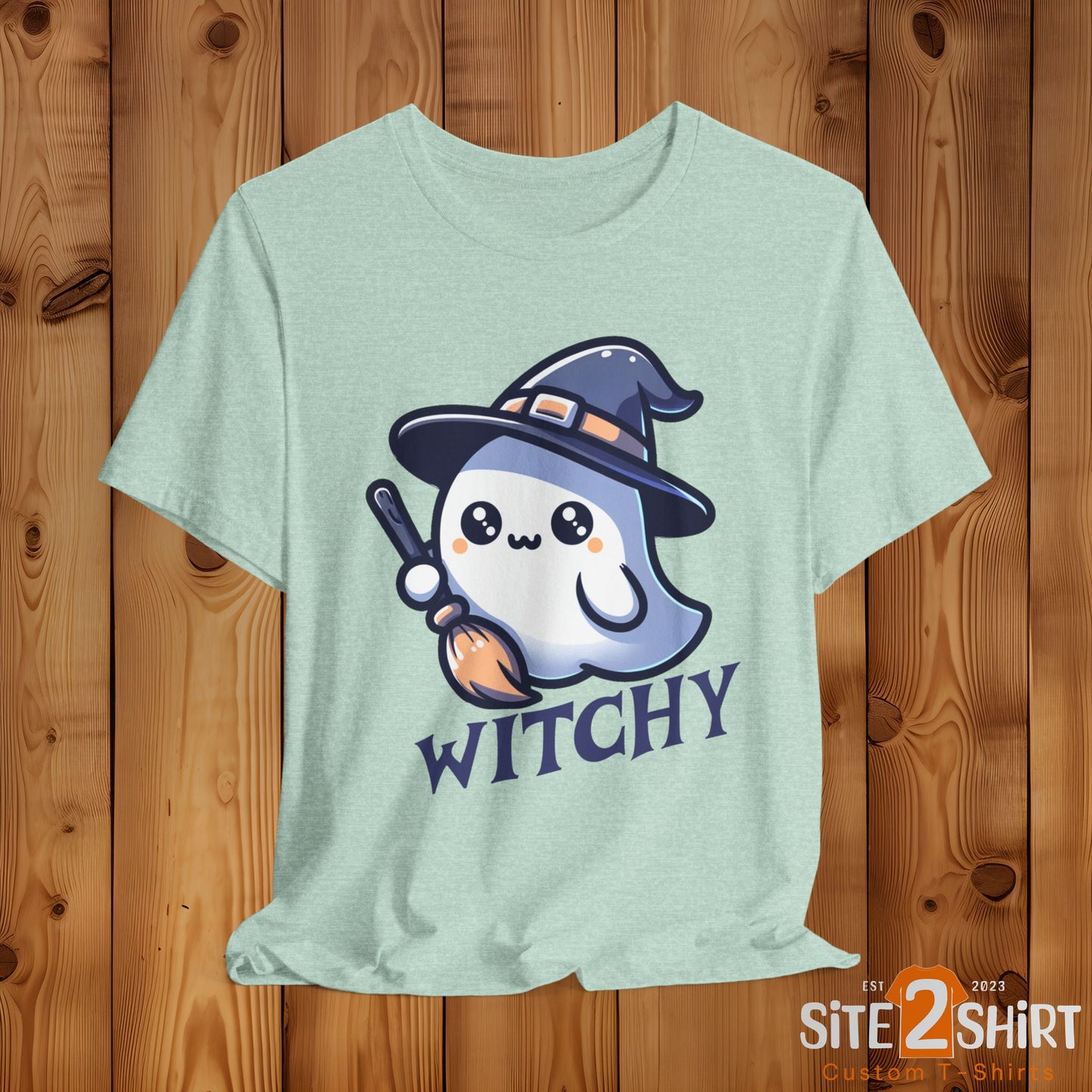 Witchy Cute Halloween Ghost T Shirt, Witchy Ghost with Broom Stick Tee, Halloween Apparel, Halloween Trick or Treat Party Shirt