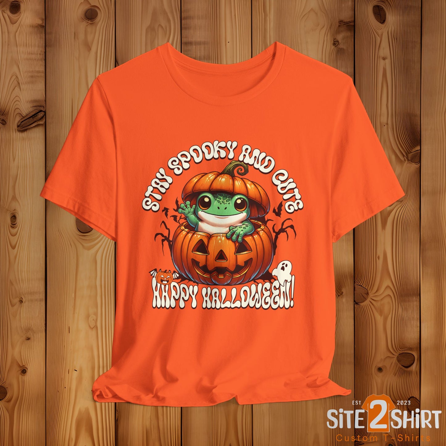 Spooky Cute Pumpkin and Frog Happy Halloween T Shirt, Fun Shirt for Halloween Parties or Trick or treating with the kiddos