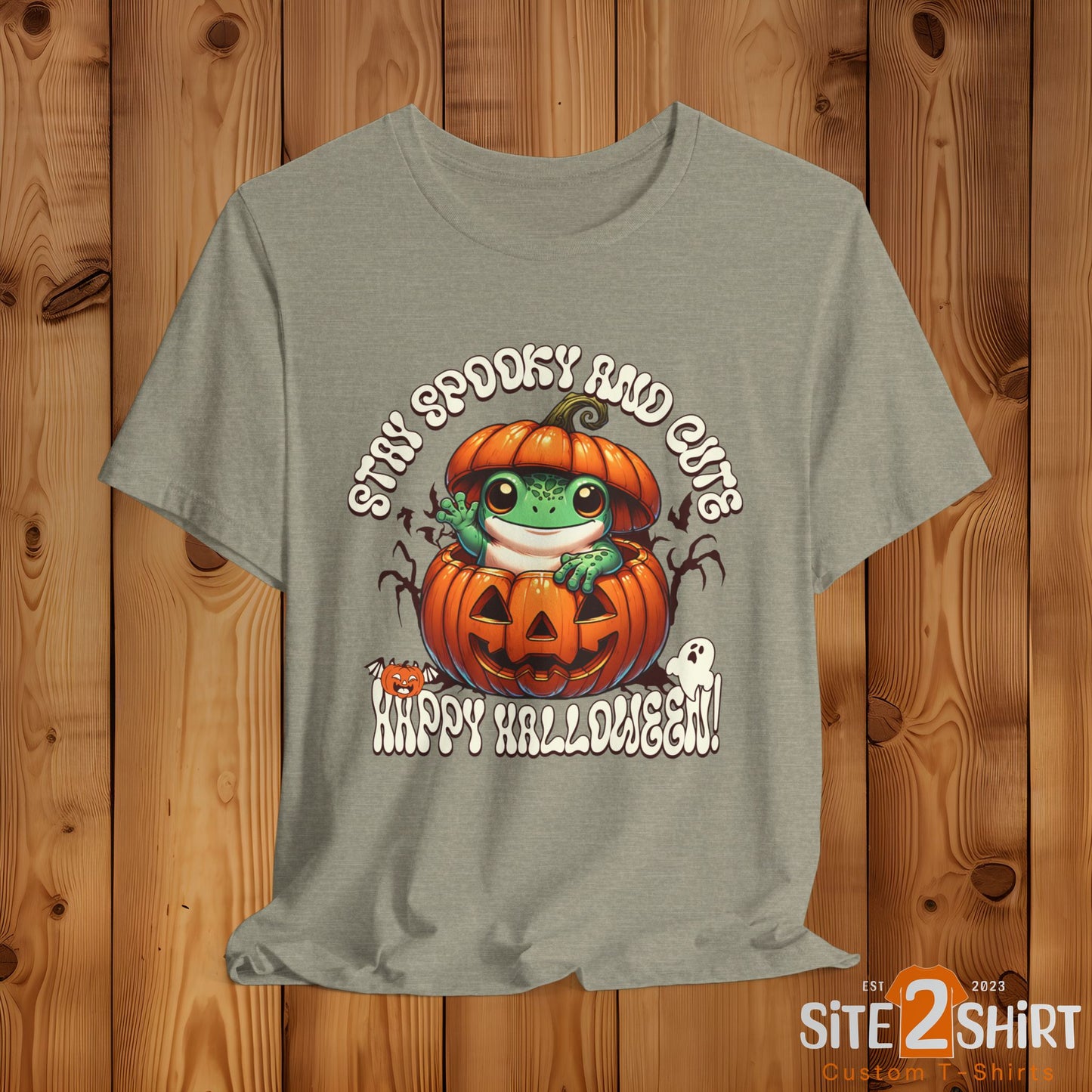 Spooky Cute Pumpkin and Frog Happy Halloween T Shirt, Fun Shirt for Halloween Parties or Trick or treating with the kiddos