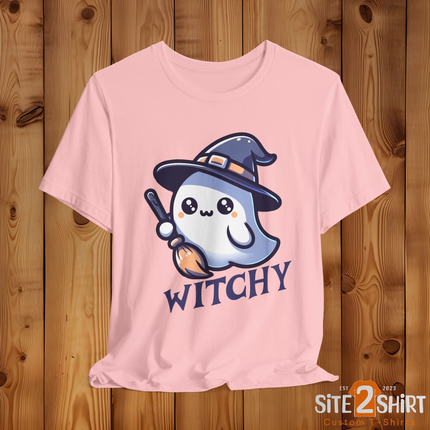 Witchy Cute Halloween Ghost T Shirt, Witchy Ghost with Broom Stick Tee, Halloween Apparel, Halloween Trick or Treat Party Shirt