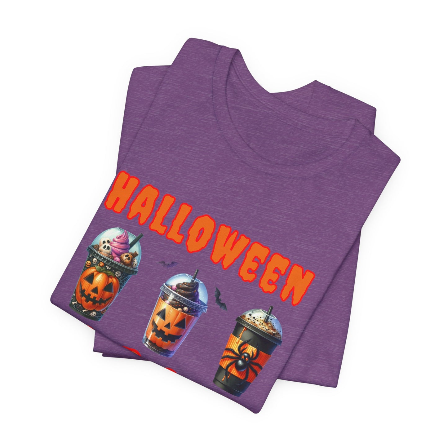 Spooky Season Sips Trio T-Shirt - 3 Halloween-Themed Coffee Cups for the Perfect Fall Vibe, Halloween Coffee Cups T Shirt, Pumpkins, Spiders, Bats