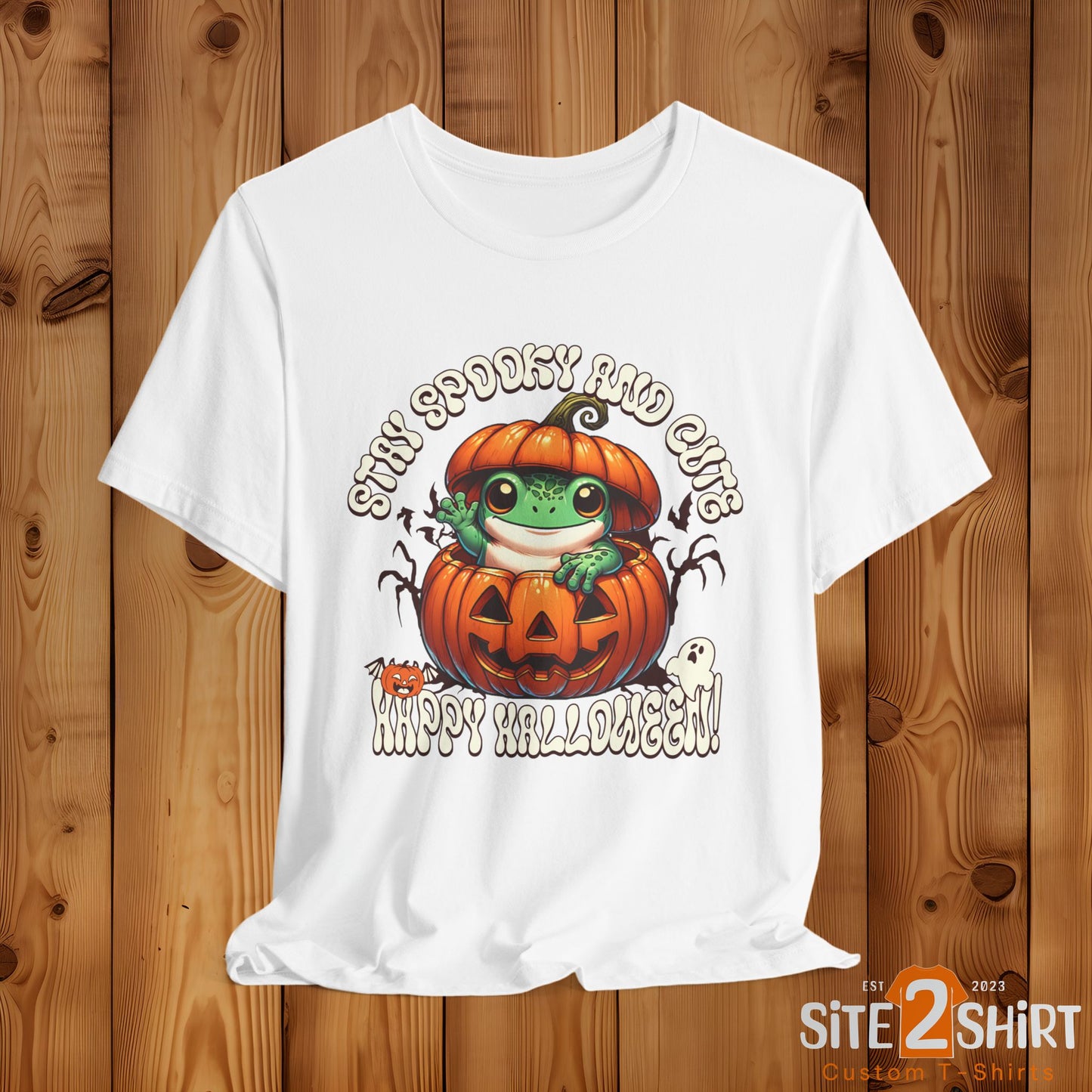 Spooky Cute Pumpkin and Frog Happy Halloween T Shirt, Fun Shirt for Halloween Parties or Trick or treating with the kiddos