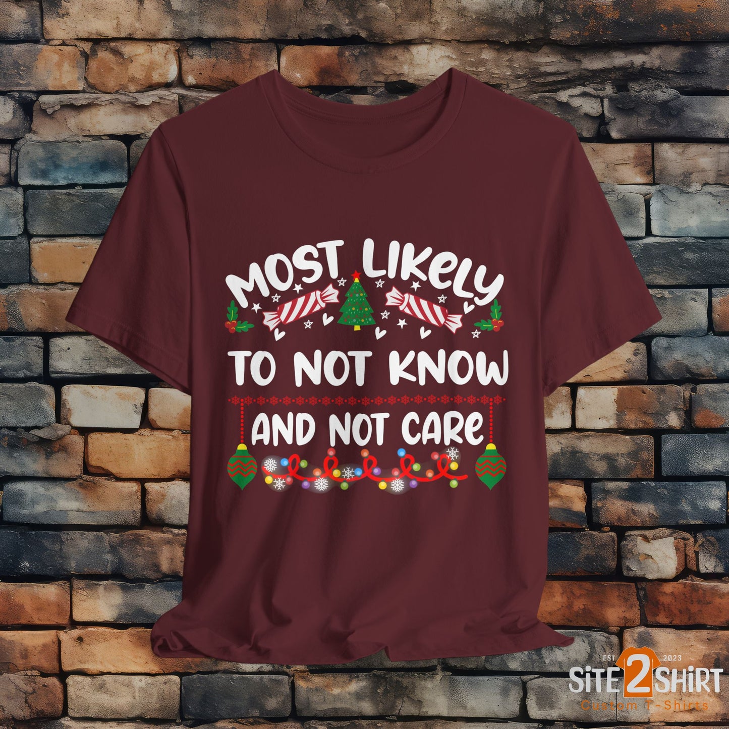 Most Likely to Not Know and Not Care Tee Shirt, Funny Christmas Shirt, Holiday Party Apparel, Humorous Christmas T Shirts