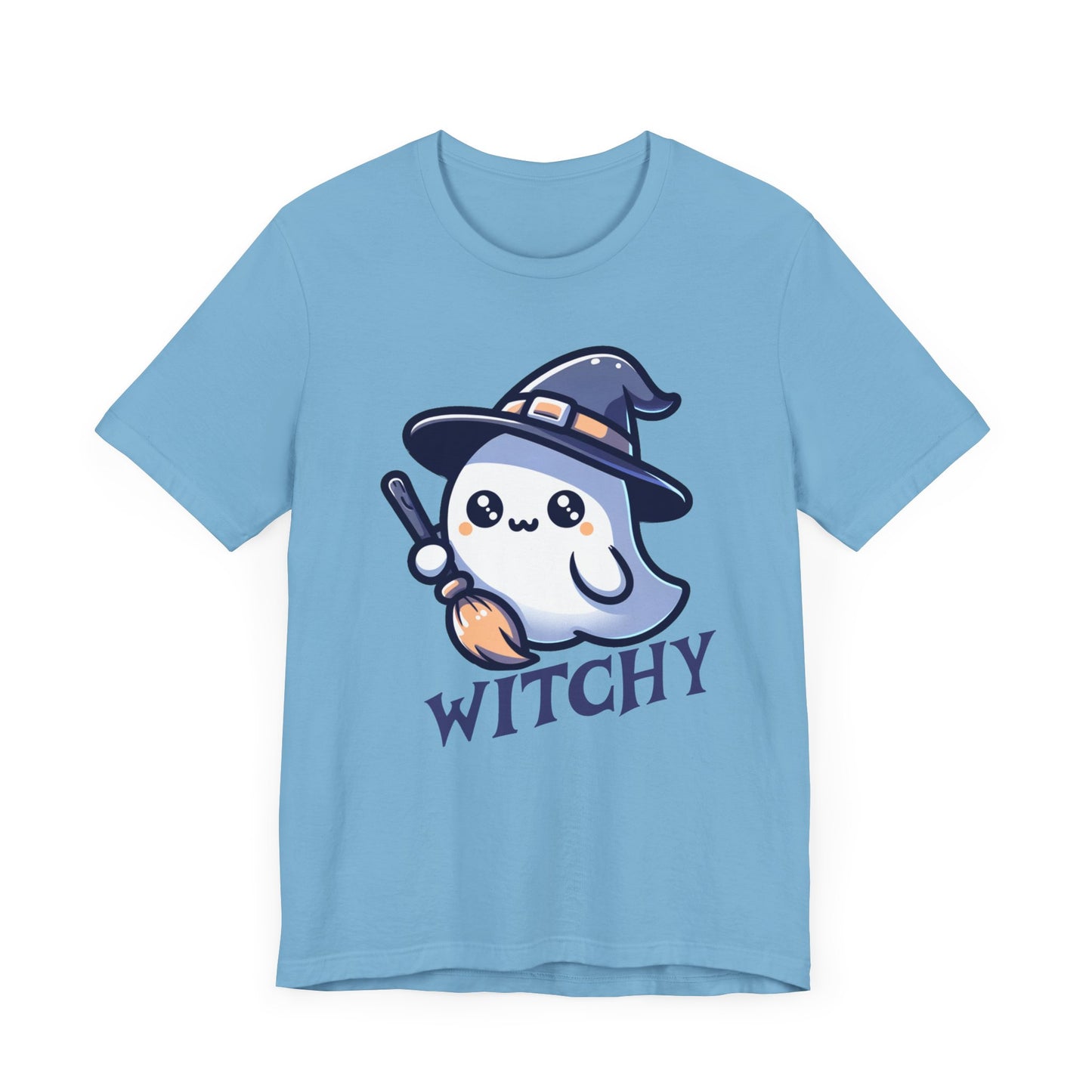 Witchy Cute Halloween Ghost T Shirt, Witchy Ghost with Broom Stick Tee, Halloween Apparel, Halloween Trick or Treat Party Shirt