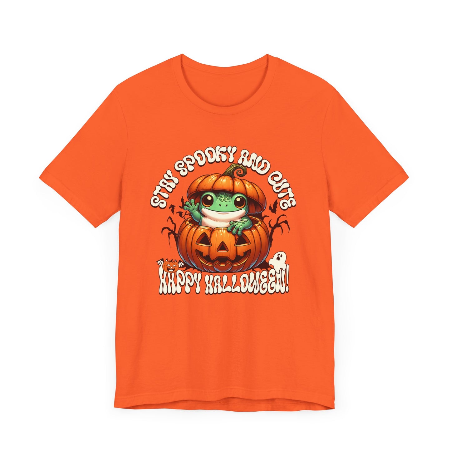 Spooky Cute Pumpkin and Frog Happy Halloween T Shirt, Fun Shirt for Halloween Parties or Trick or treating with the kiddos