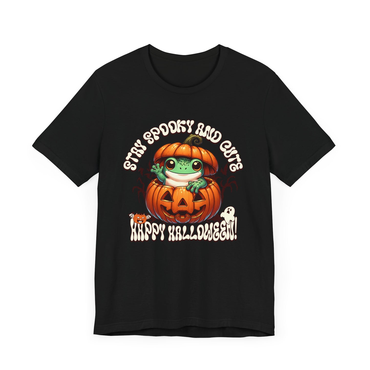 Spooky Cute Pumpkin and Frog Happy Halloween T Shirt, Fun Shirt for Halloween Parties or Trick or treating with the kiddos