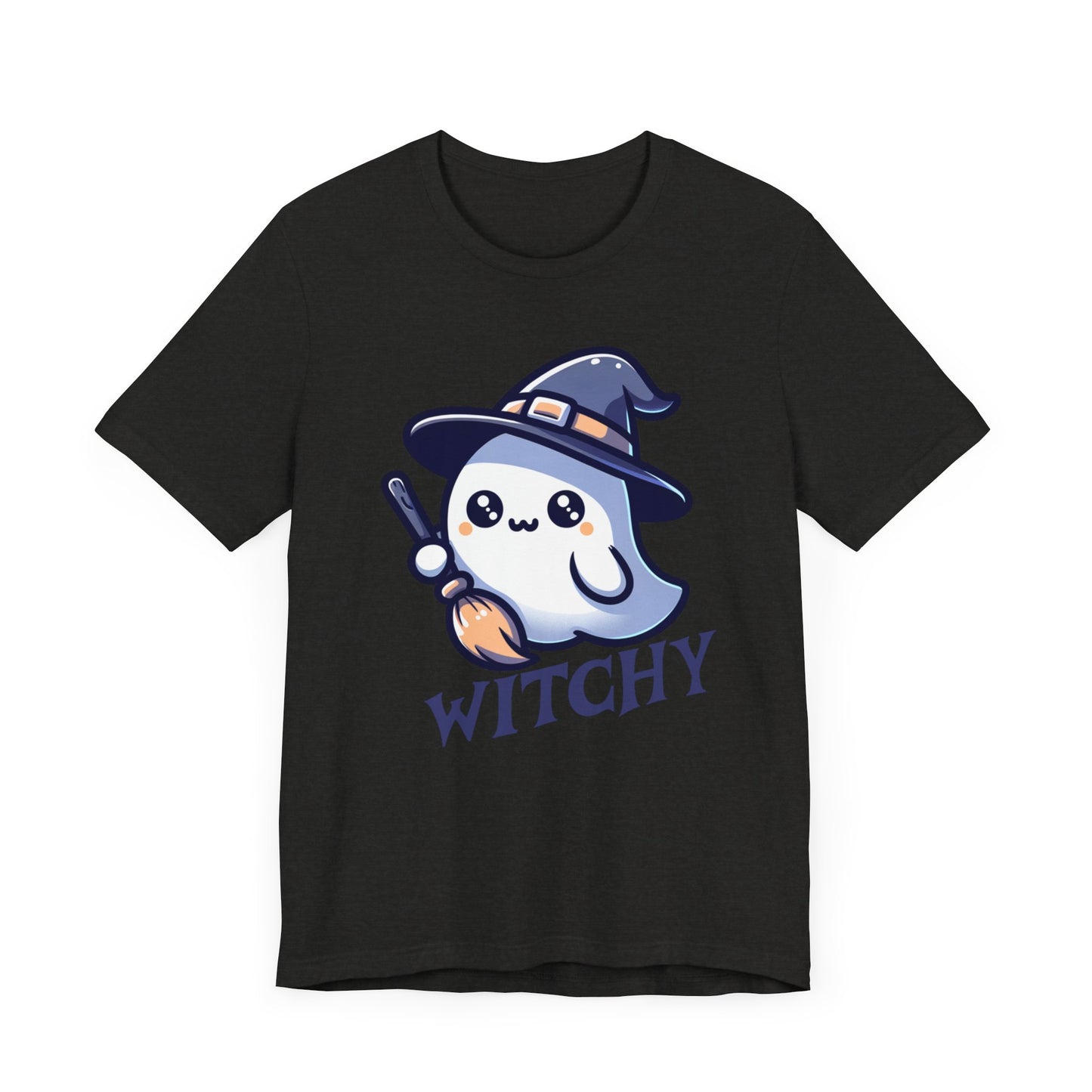 Witchy Cute Halloween Ghost T Shirt, Witchy Ghost with Broom Stick Tee, Halloween Apparel, Halloween Trick or Treat Party Shirt