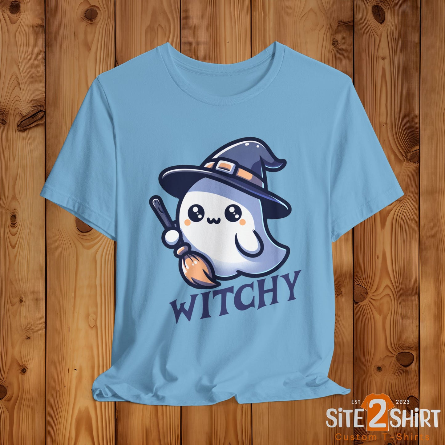 Witchy Cute Halloween Ghost T Shirt, Witchy Ghost with Broom Stick Tee, Halloween Apparel, Halloween Trick or Treat Party Shirt