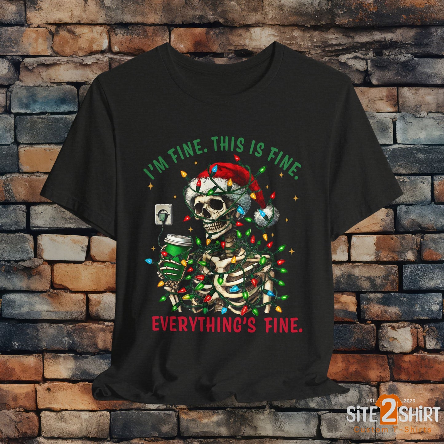 Skeleton Wrapped in Tangled Christmas Lights Holiday T Shirt