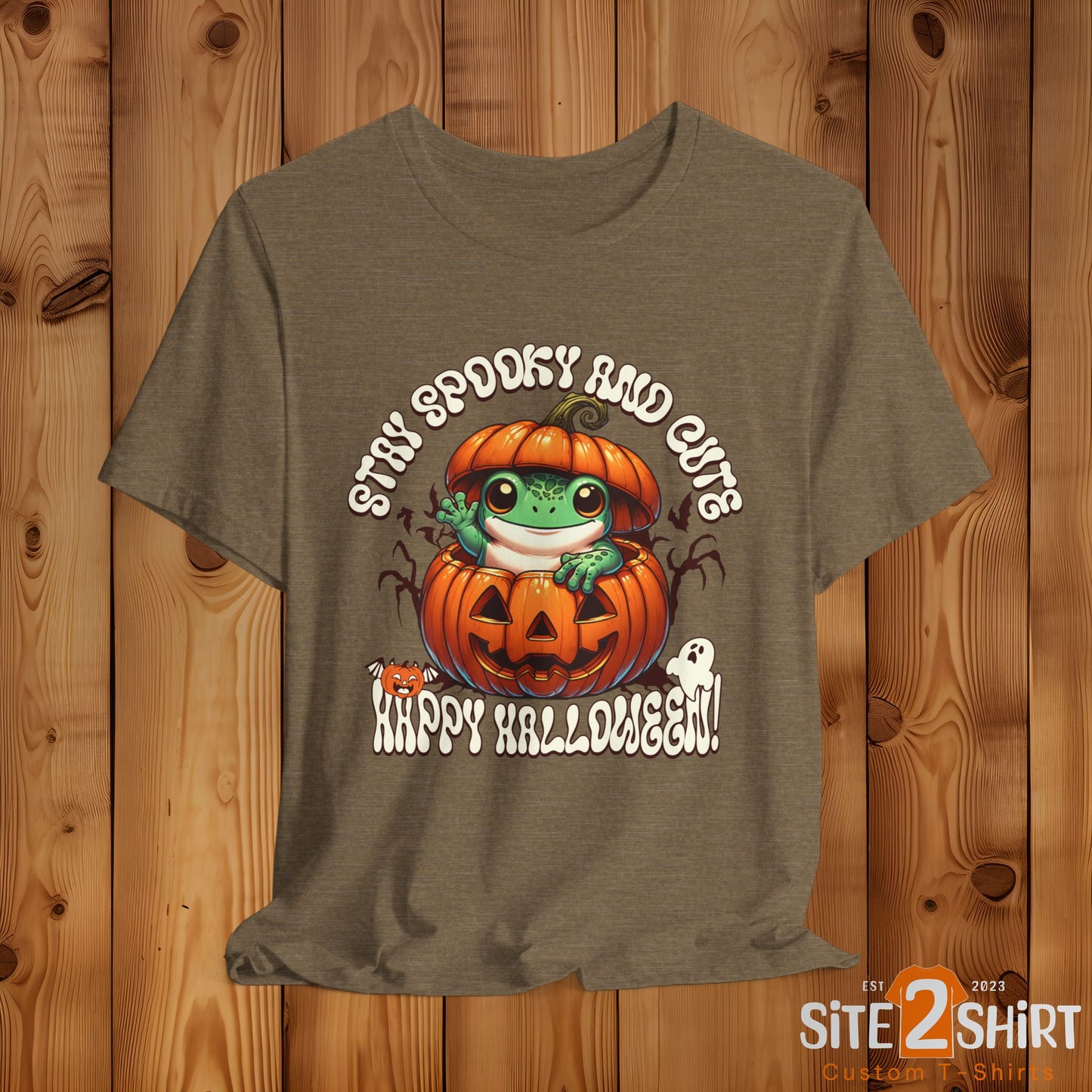 Spooky Cute Pumpkin and Frog Happy Halloween T Shirt, Fun Shirt for Halloween Parties or Trick or treating with the kiddos