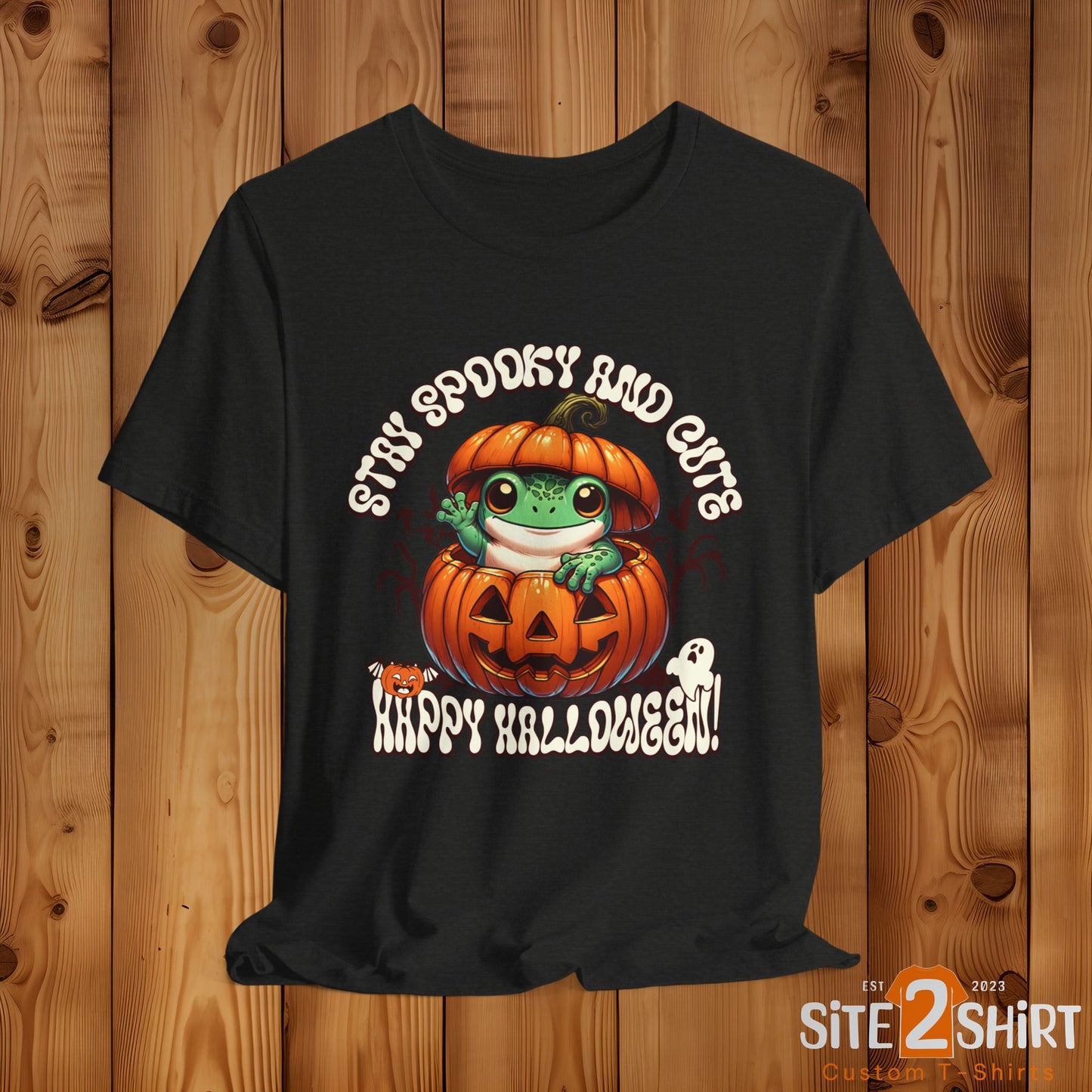 Spooky Cute Pumpkin and Frog Happy Halloween T Shirt, Fun Shirt for Halloween Parties or Trick or treating with the kiddos