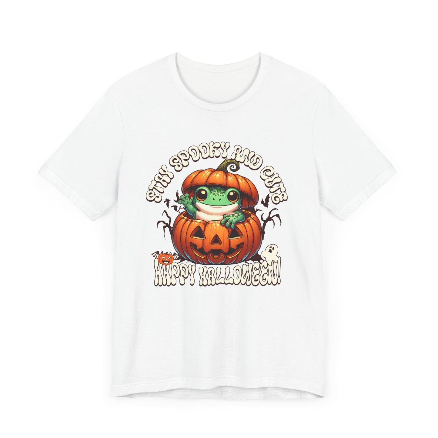 Spooky Cute Pumpkin and Frog Happy Halloween T Shirt, Fun Shirt for Halloween Parties or Trick or treating with the kiddos