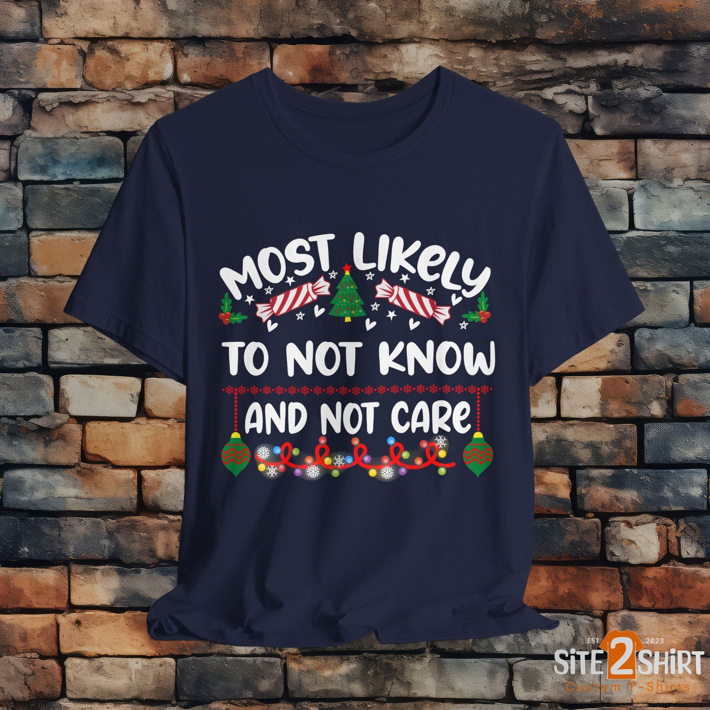 Most Likely to Not Know and Not Care Tee Shirt, Funny Christmas Shirt, Holiday Party Apparel, Humorous Christmas T Shirts