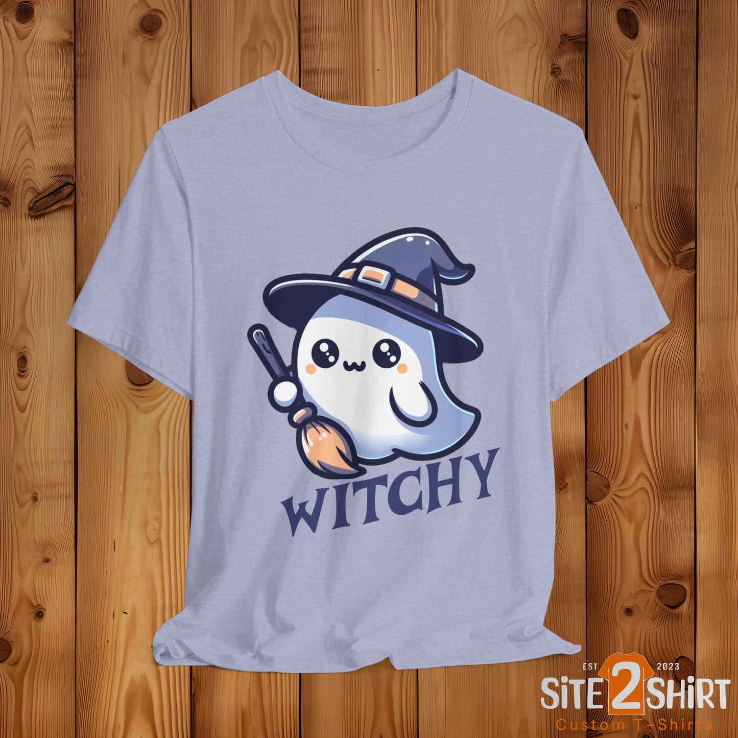 Witchy Cute Halloween Ghost T Shirt, Witchy Ghost with Broom Stick Tee, Halloween Apparel, Halloween Trick or Treat Party Shirt