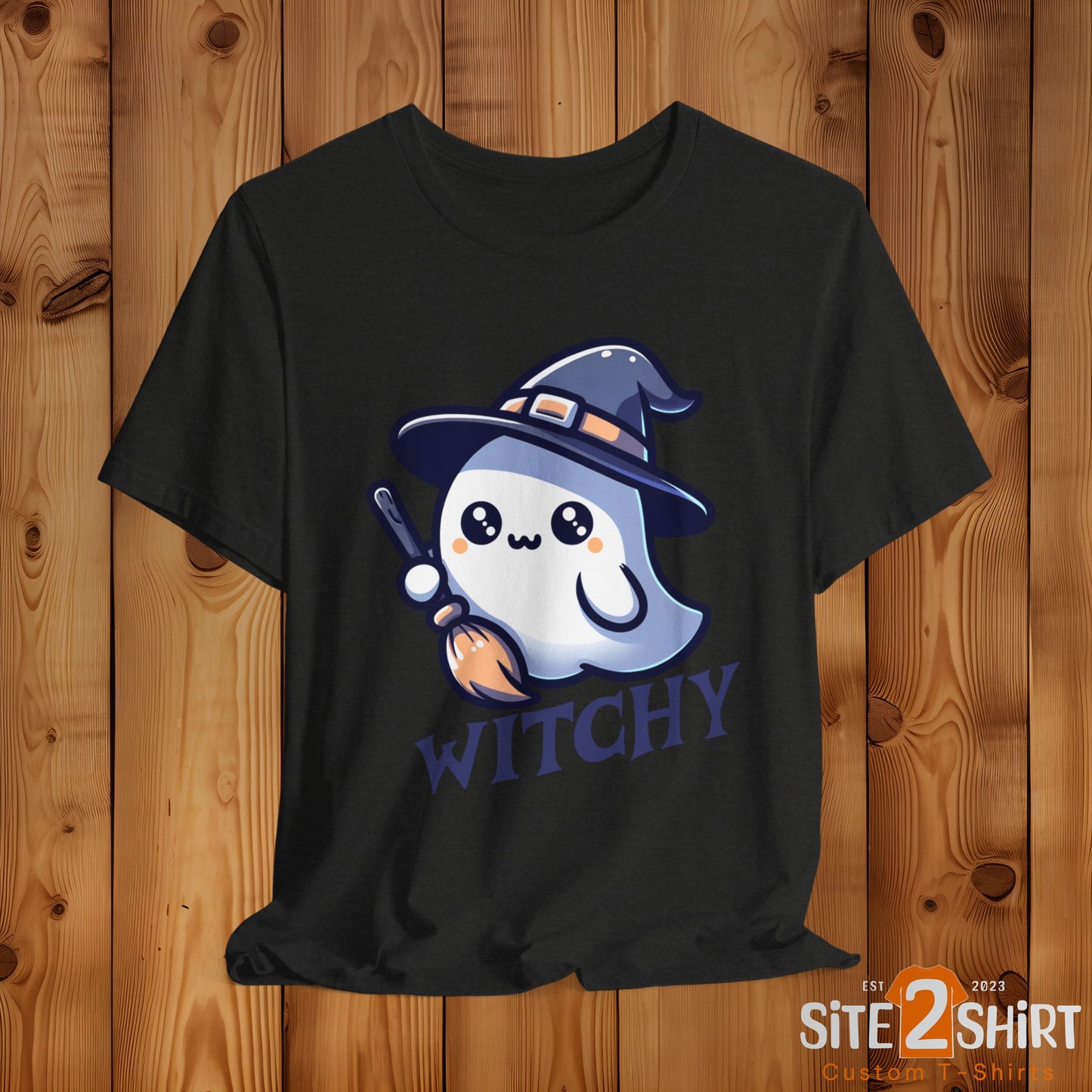 Witchy Cute Halloween Ghost T Shirt, Witchy Ghost with Broom Stick Tee, Halloween Apparel, Halloween Trick or Treat Party Shirt