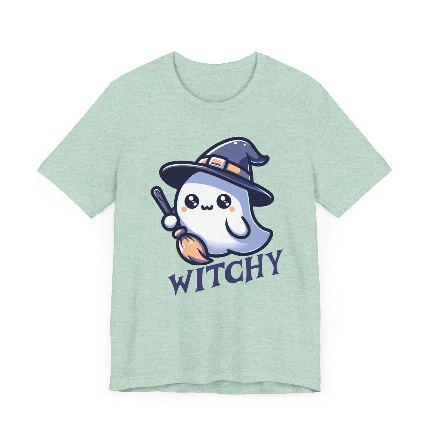 Witchy Cute Halloween Ghost T Shirt, Witchy Ghost with Broom Stick Tee, Halloween Apparel, Halloween Trick or Treat Party Shirt