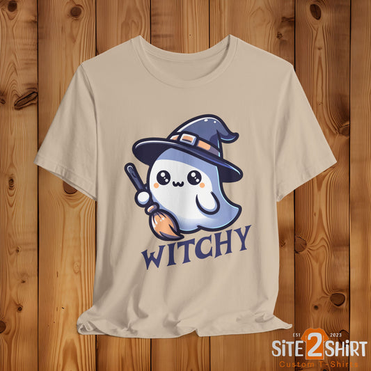 Witchy Cute Halloween Ghost T Shirt, Witchy Ghost with Broom Stick Tee, Halloween Apparel, Halloween Trick or Treat Party Shirt