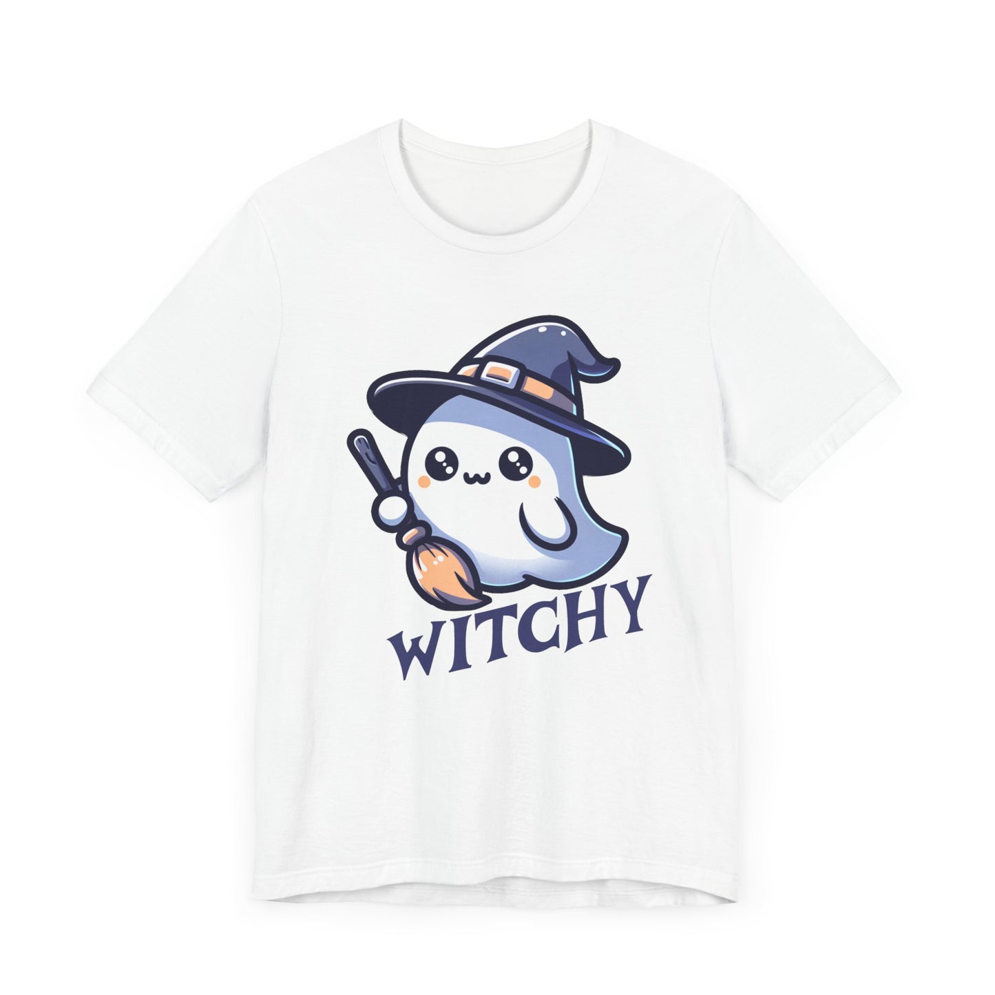 Witchy Cute Halloween Ghost T Shirt, Witchy Ghost with Broom Stick Tee, Halloween Apparel, Halloween Trick or Treat Party Shirt