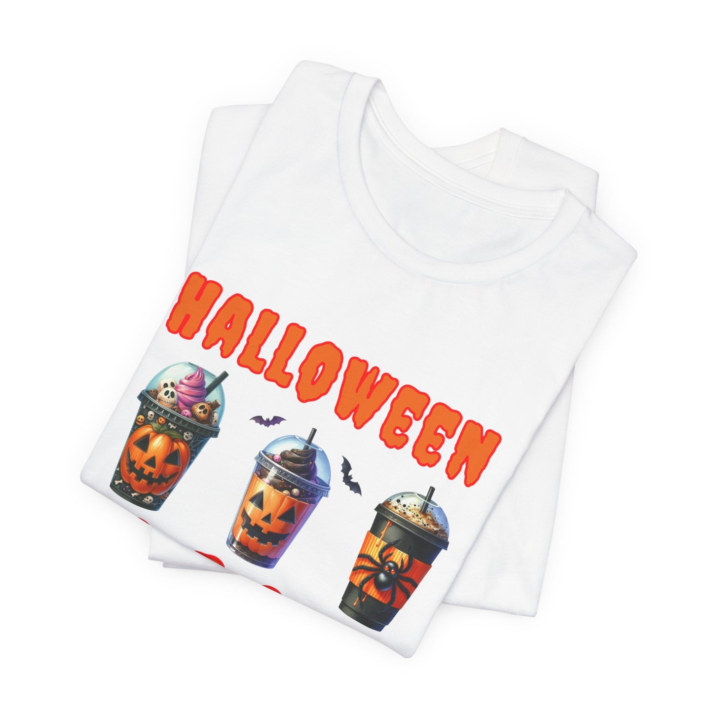 Spooky Season Sips Trio T-Shirt - 3 Halloween-Themed Coffee Cups for the Perfect Fall Vibe, Halloween Coffee Cups T Shirt, Pumpkins, Spiders, Bats