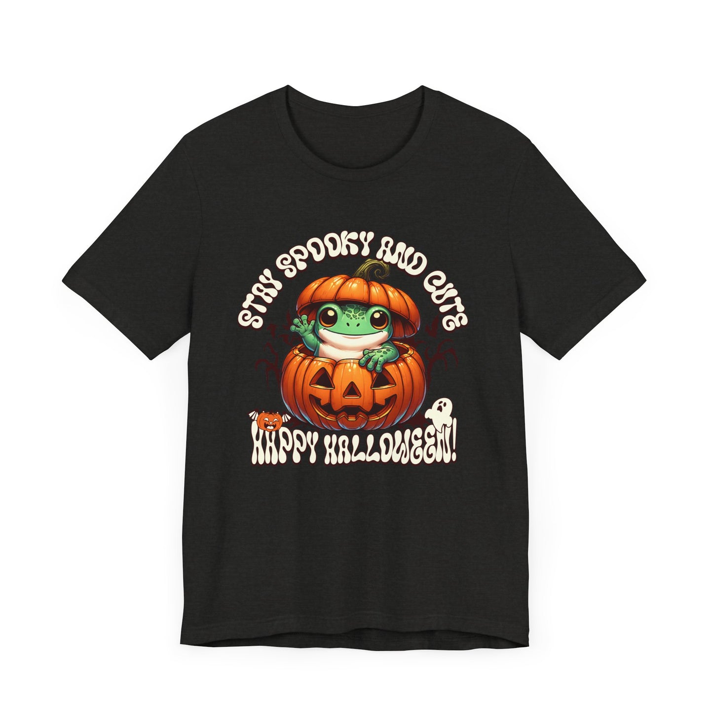 Spooky Cute Pumpkin and Frog Happy Halloween T Shirt, Fun Shirt for Halloween Parties or Trick or treating with the kiddos