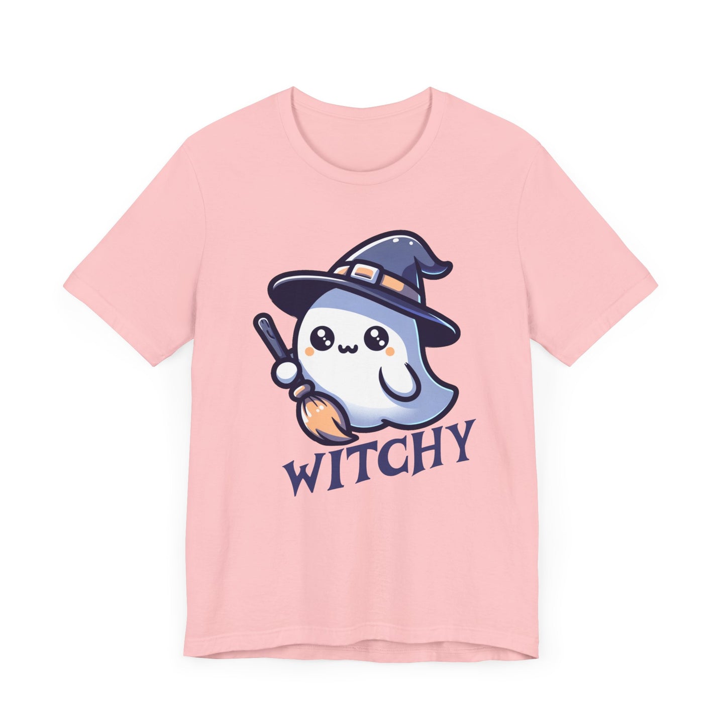 Witchy Cute Halloween Ghost T Shirt, Witchy Ghost with Broom Stick Tee, Halloween Apparel, Halloween Trick or Treat Party Shirt