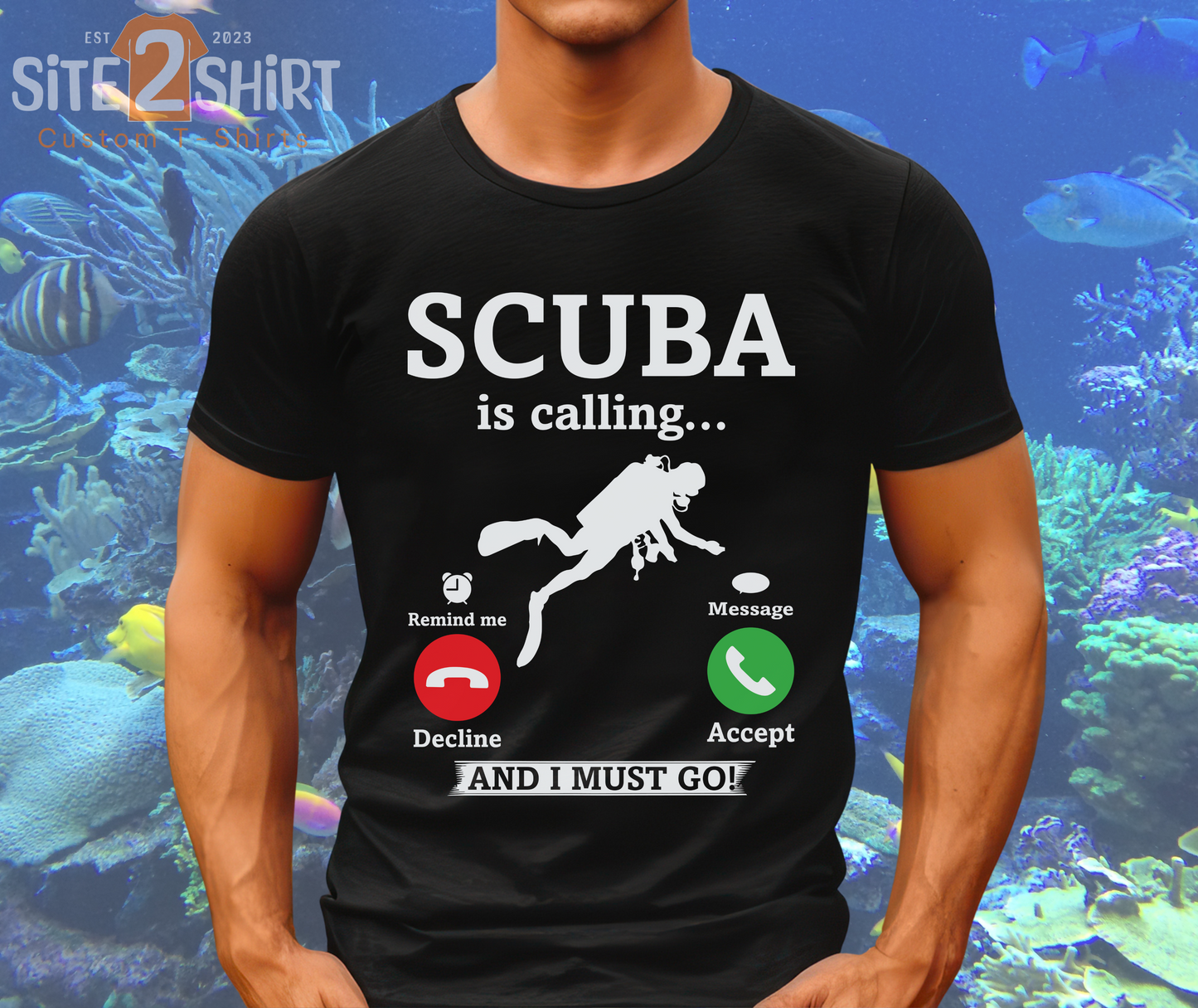 Scuba is calling T Shirt, Funny Scuba Diver Shirt, Scuba is on the phone, Accept or Decline Humorous Tee Shirt, top, Scuba Diver Gift Ideas